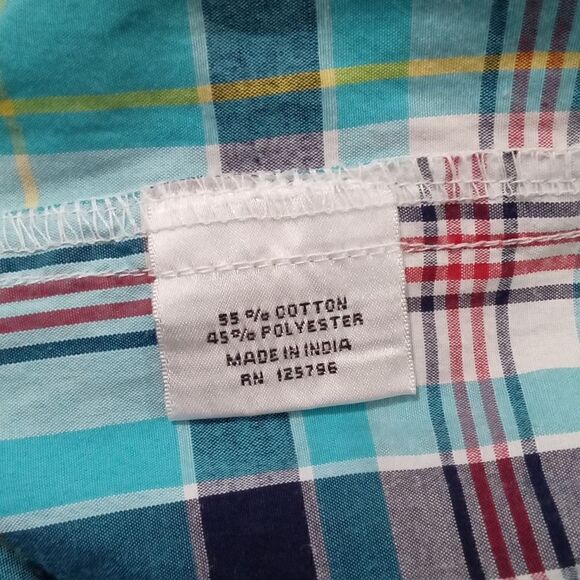 Rolling Paper Co. Short Sleeve Button Down Shirt Size M Blue Plaid Patches - Picture 3 of 8